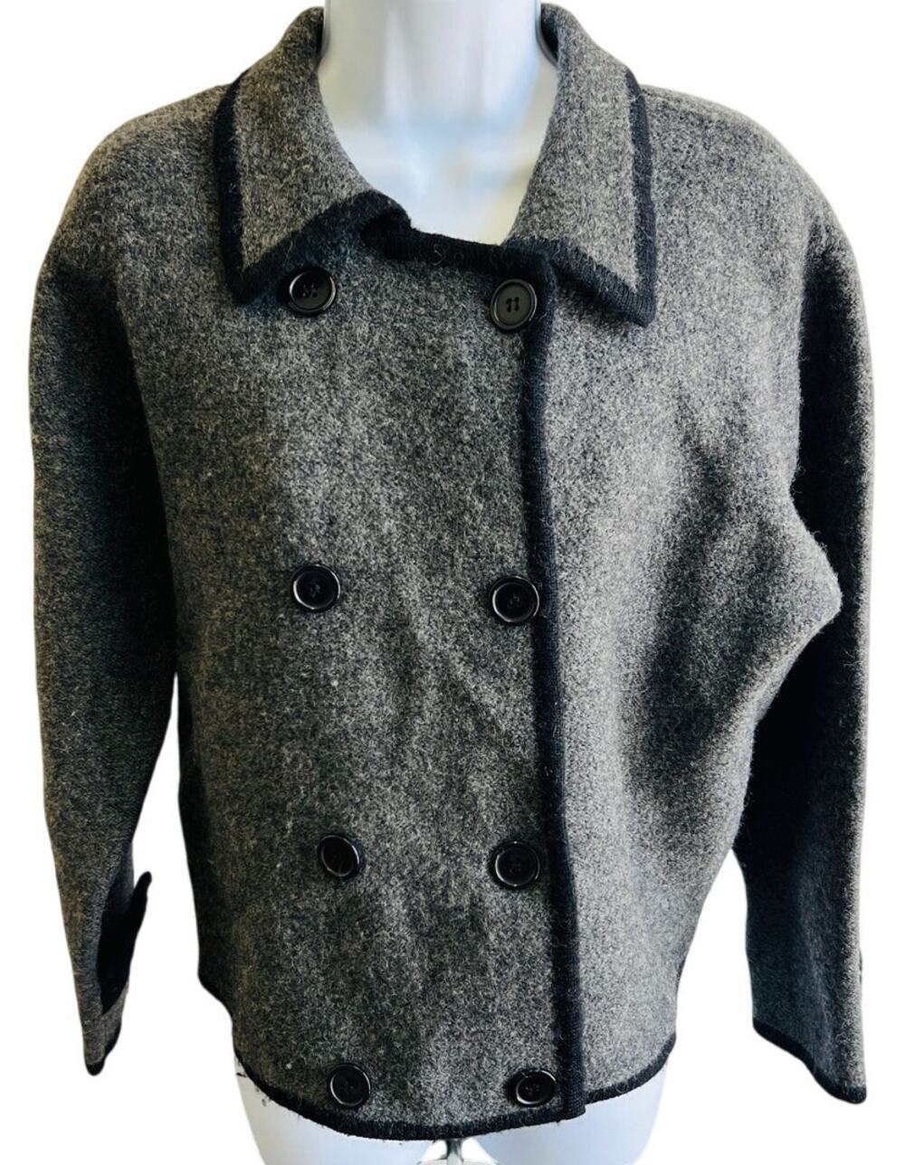 🧥 Herman Geist Petite Wool Peacoat Gray Black Trim Double Breasted PL